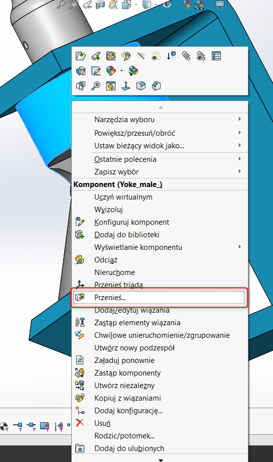 Wykrywania kolizji w SOLIDWORKS - przenoszenie i rotacja komponentu w złożeniu