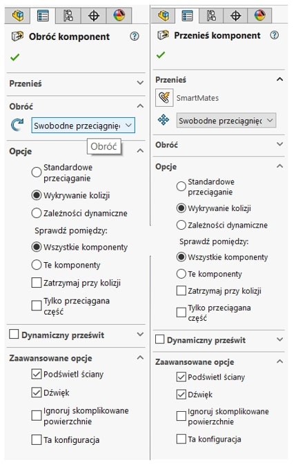 Wykrywania kolizji w SOLIDWORKS - przenoszenie i rotacja komponentu w złożeniu