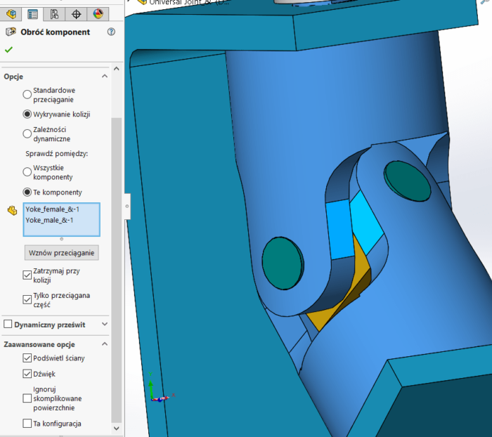 Wykrywania kolizji w SOLIDWORKS - przenoszenie i rotacja komponentu w złożeniu