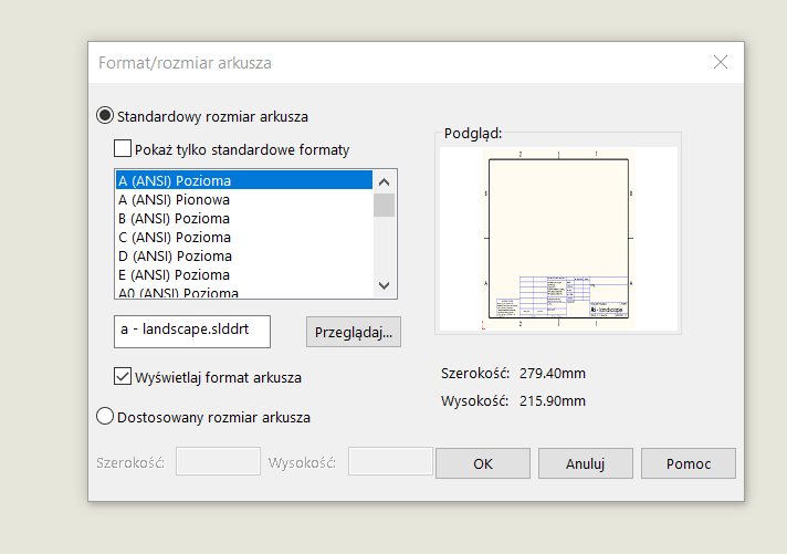 Format arkusza i format rysunku w SOLIDWORKS