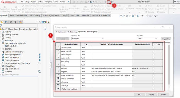 właściwość dostosowana tabela lista materiałów w SOLIDWORKS