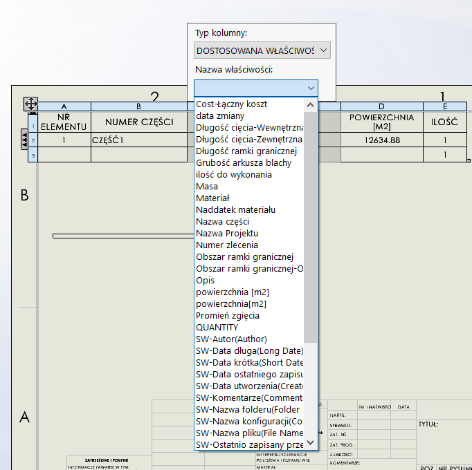 właściwość dostosowana tabela lista materiałów w SOLIDWORKS