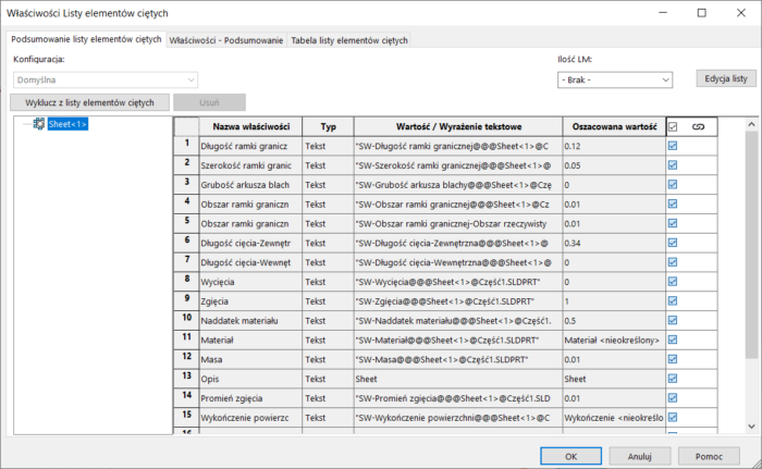 właściwość dostosowana tabela lista materiałów w SOLIDWORKS