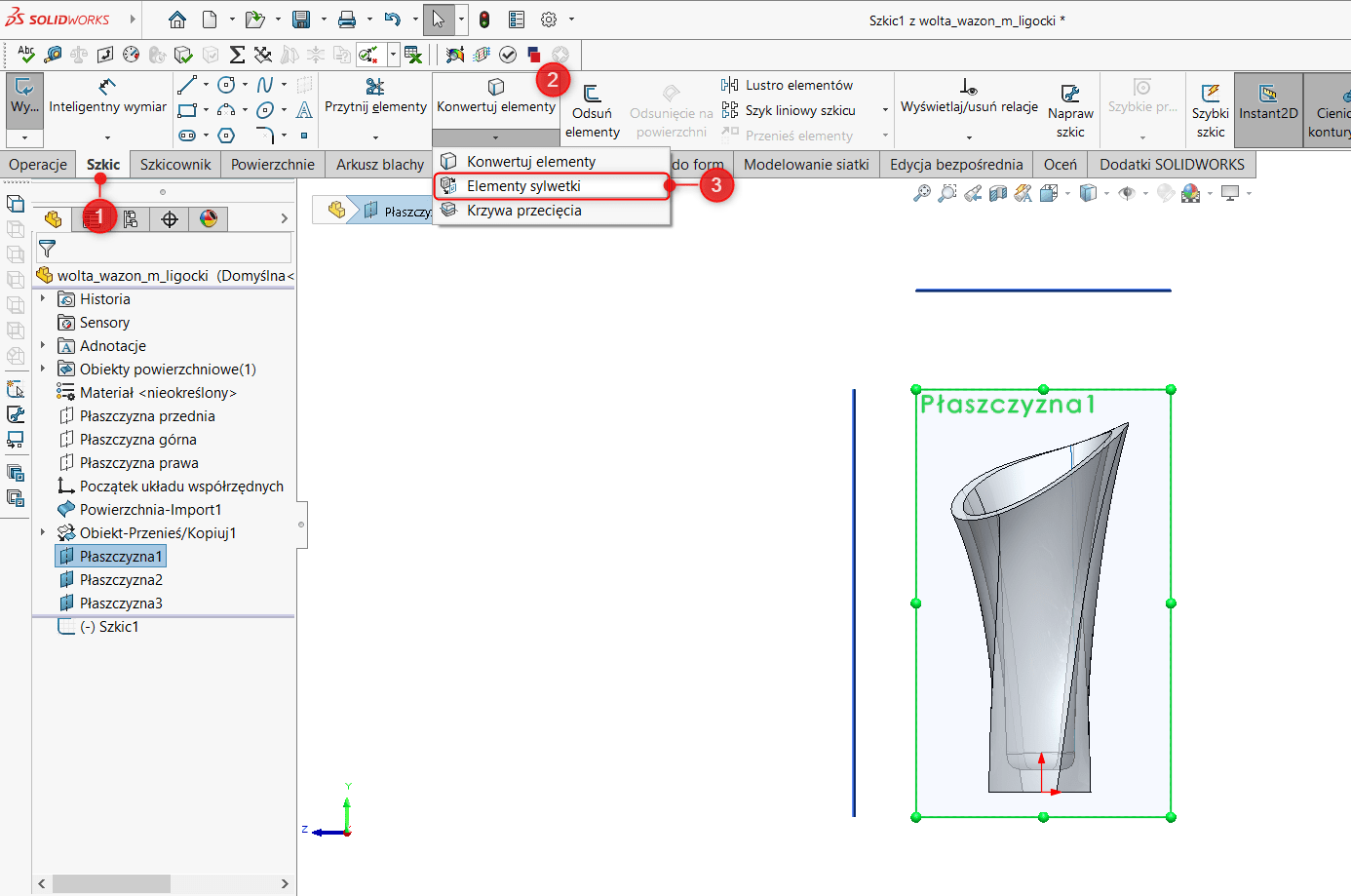 Elementy sylwetki - narzędzie solidworks 2020