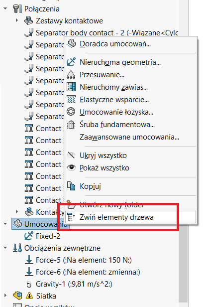 SOLIDWORKS Simulation 2019 vs. 2020 - zwijanie drzewa folderów w analizie