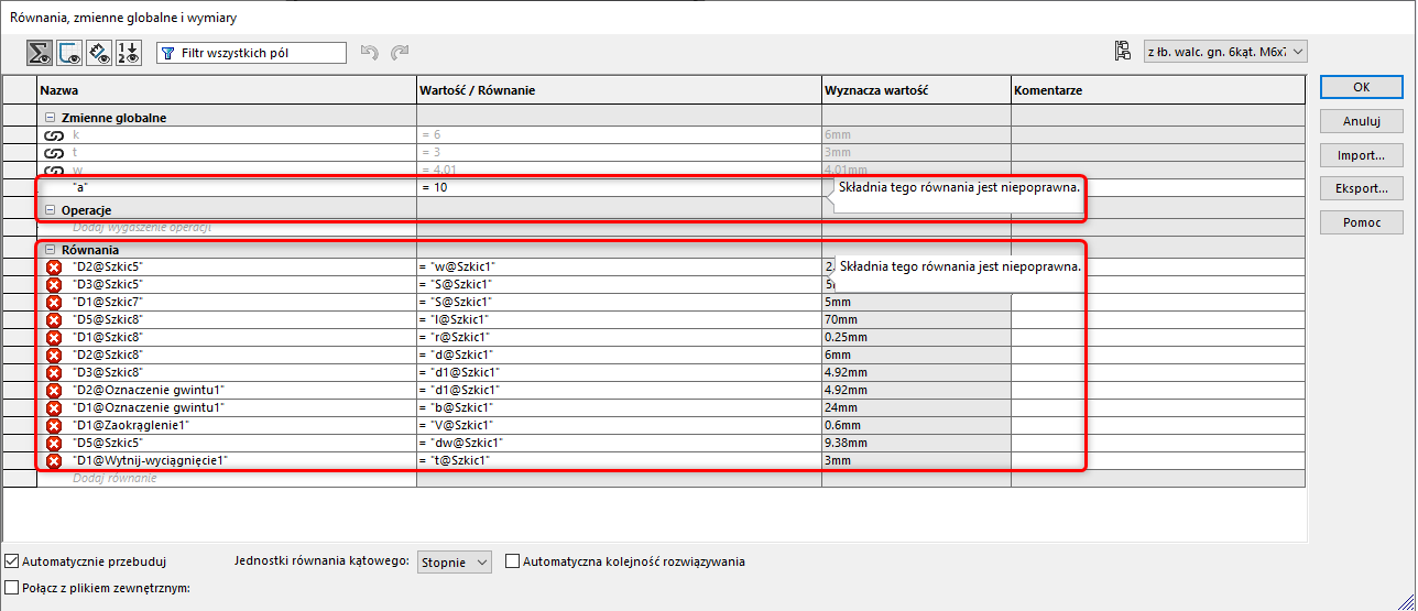 Błąd w składni równania w SOLIDWORKS