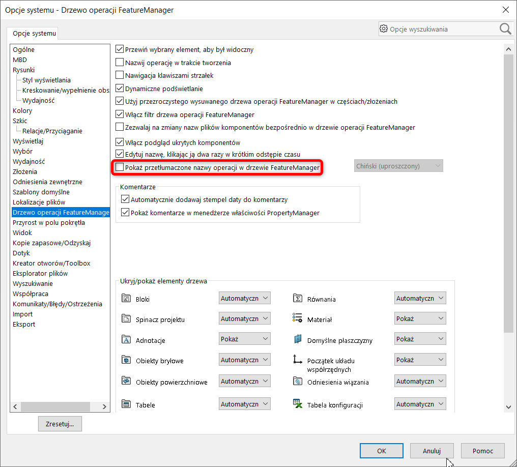 Tłumaczone nazwy operacji w drzewie SOLIDWORKS