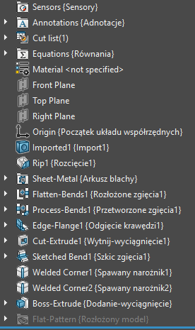 Tłumaczone nazwy operacji w drzewie SOLIDWORKS