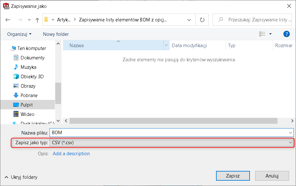 Zapisywanie listy elementów BOM z opcją aktualizacji