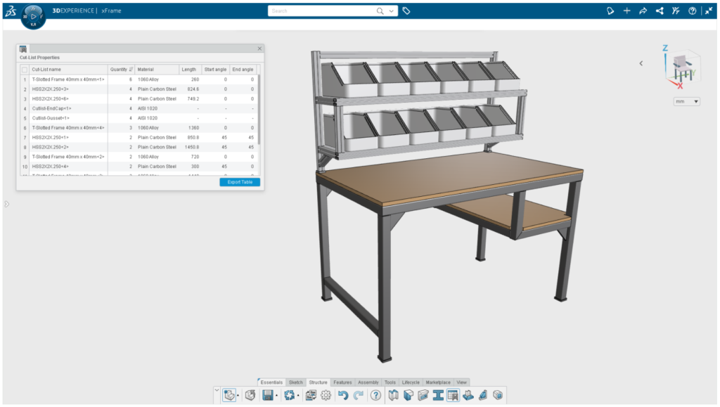 Interfejs właściwości listy elementów ciętych 