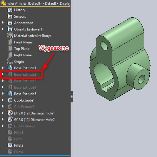 Jak przywrócić operacje zależne w SOLIDWORKS - wygaszone operacje