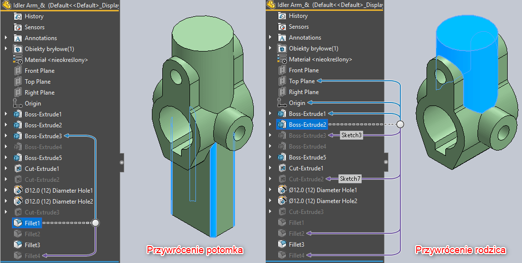 Jak przywrócić operacje zależne w SOLIDWORKS - przywrócenie rodzica operacji