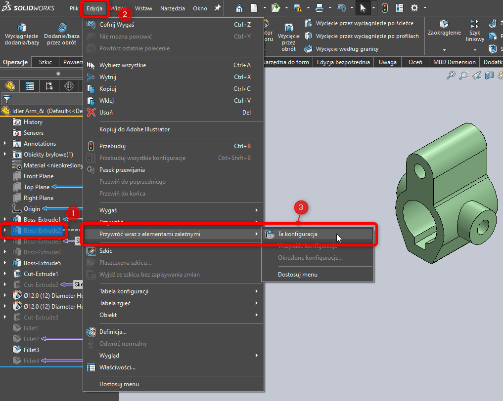 Jak przywrócić operacje zależne w SOLIDWORKS - Przywróć wraz z elementami zależnymi