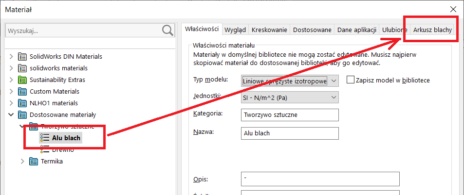 poprzez połączenie właściwości materiałów i parametrów arkusza blachy SOLIDWORKS - automatyzacja czynności