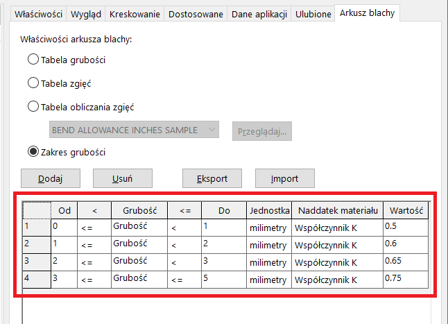 poprzez połączenie właściwości materiałów i parametrów arkusza blachy SOLIDWORKS - automatyzacja czynności