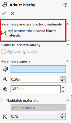 poprzez połączenie właściwości materiałów i parametrów arkusza blachy SOLIDWORKS - automatyzacja czynności