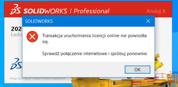 Transakcja uruchomienia licencji online nie powiodła się. Sprawdź połączenie internetowe