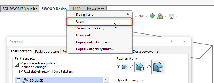 CommandManager SWOOD SOLIDWORKS - jak zresetować ustawienia karty