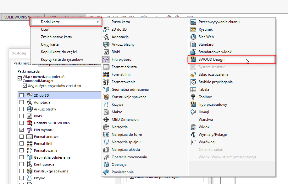 CommandManager SWOOD SOLIDWORKS