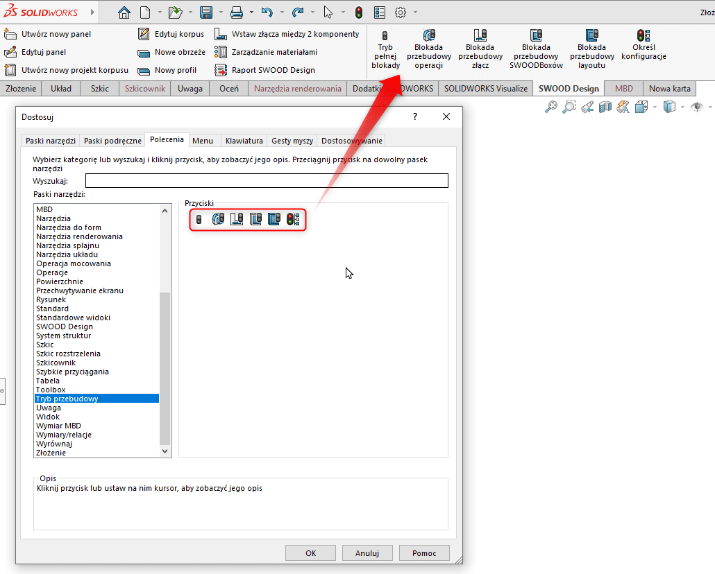 CommandManager SWOOD SOLIDWORKS - tryb przebudowy