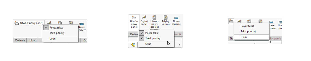 Różny wygląd ikon, w zależności od kombinacji opcji „Pokaż tekst” oraz „Tekst poniżej