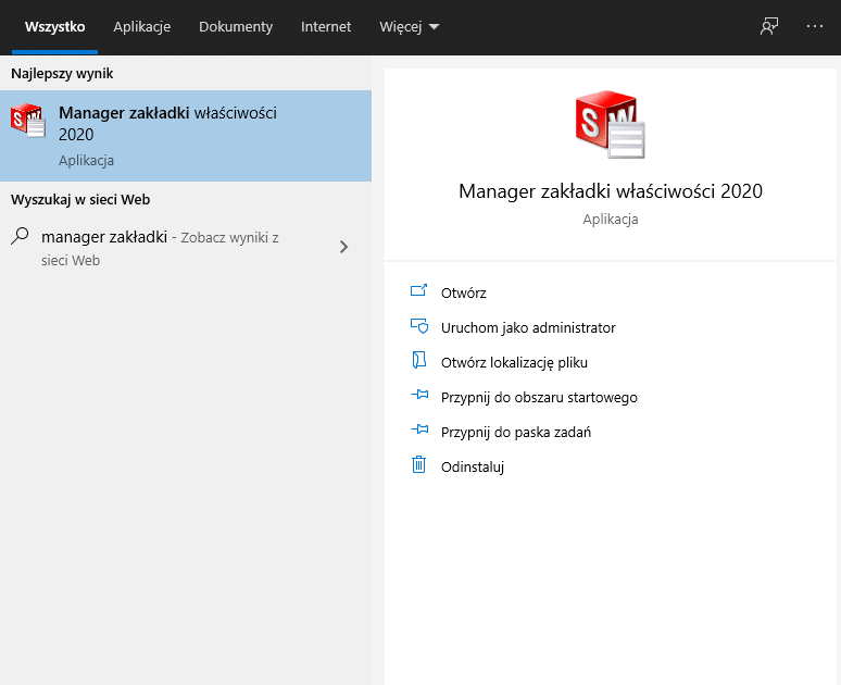 Manager zakładki właściwości pliku SOLIDWORKS