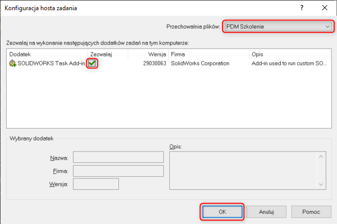 konfiguracja zadania w solidworks pdm