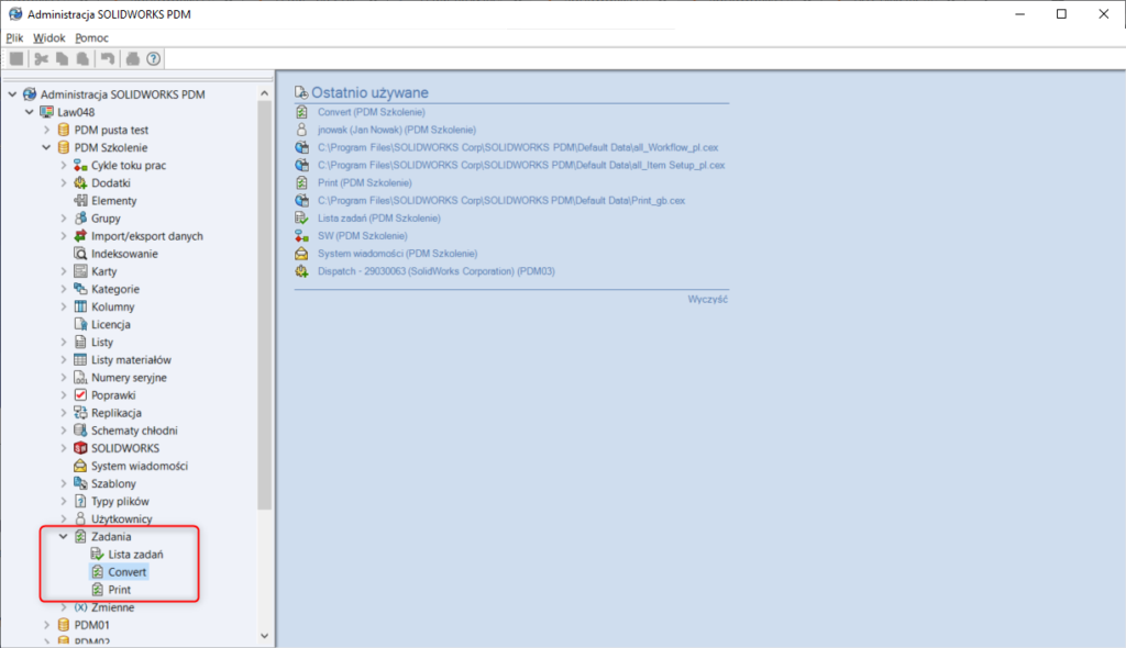konfiguracja zadania w solidworks pdm