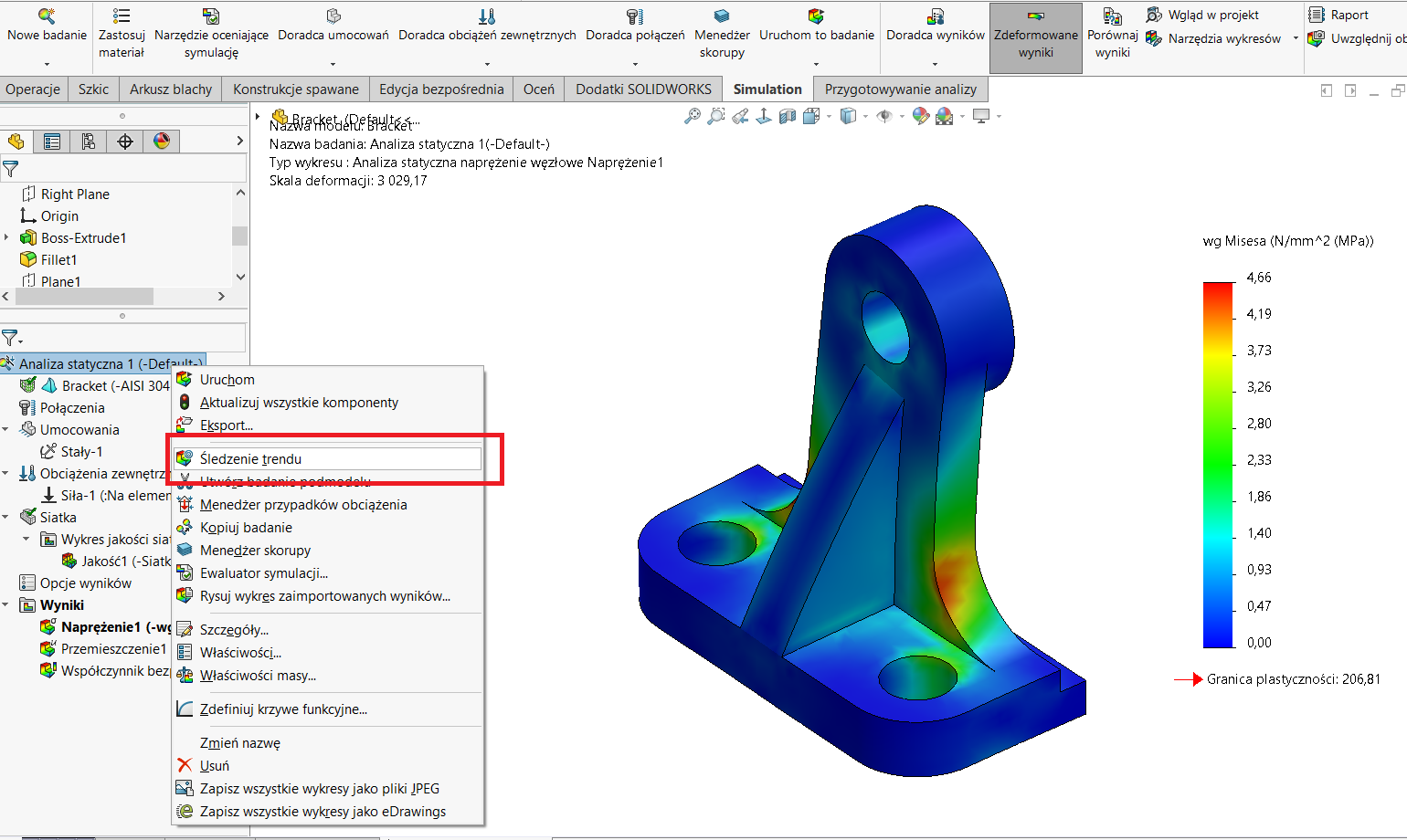 SOLIDWORKS Simulation - parametr śledzenie trendu