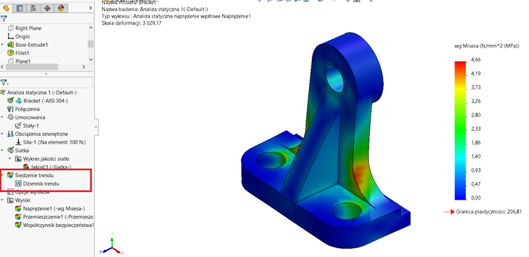SOLIDWORKS Simulation - parametr śledzenie trendu