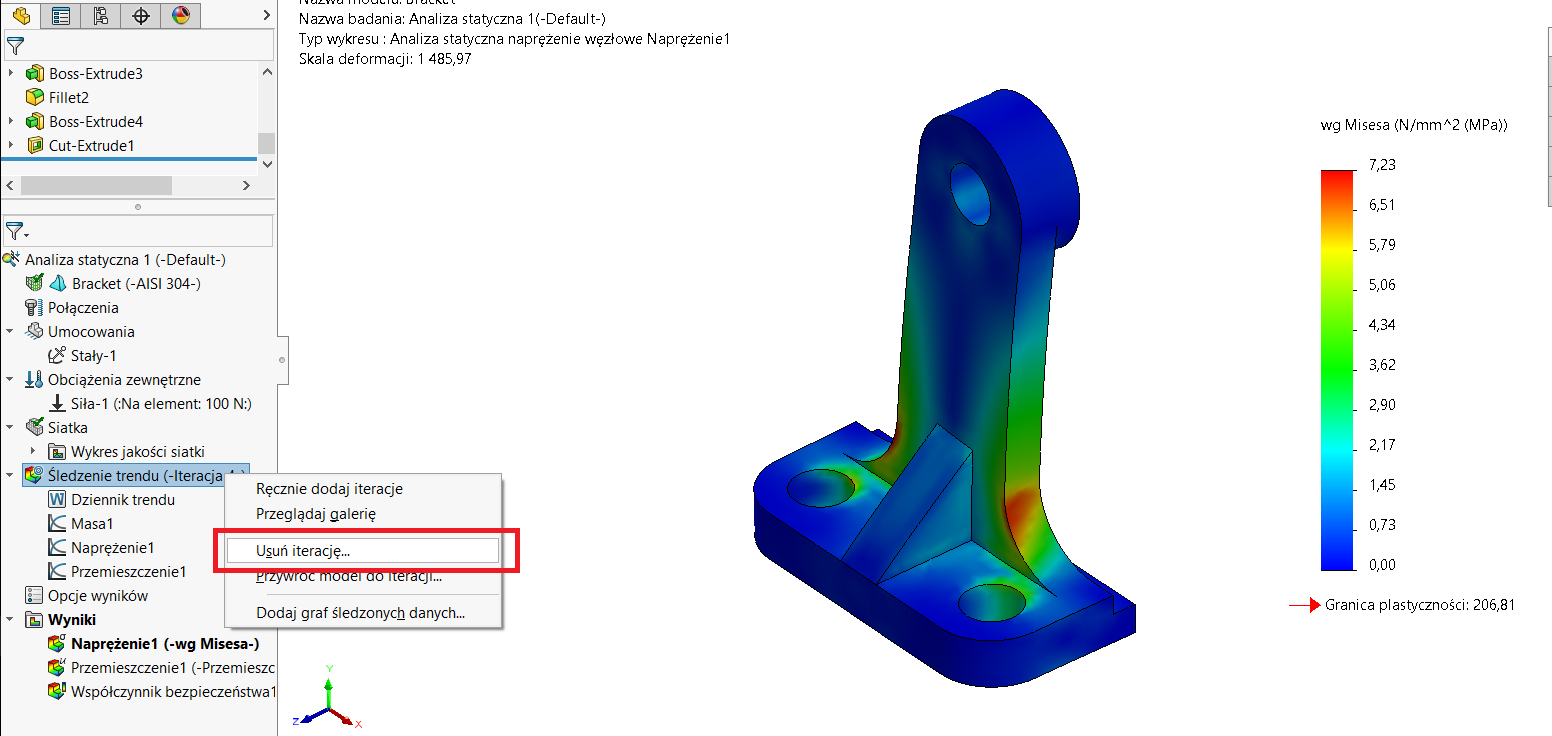 SOLIDWORKS Simulation - parametr śledzenie trendu