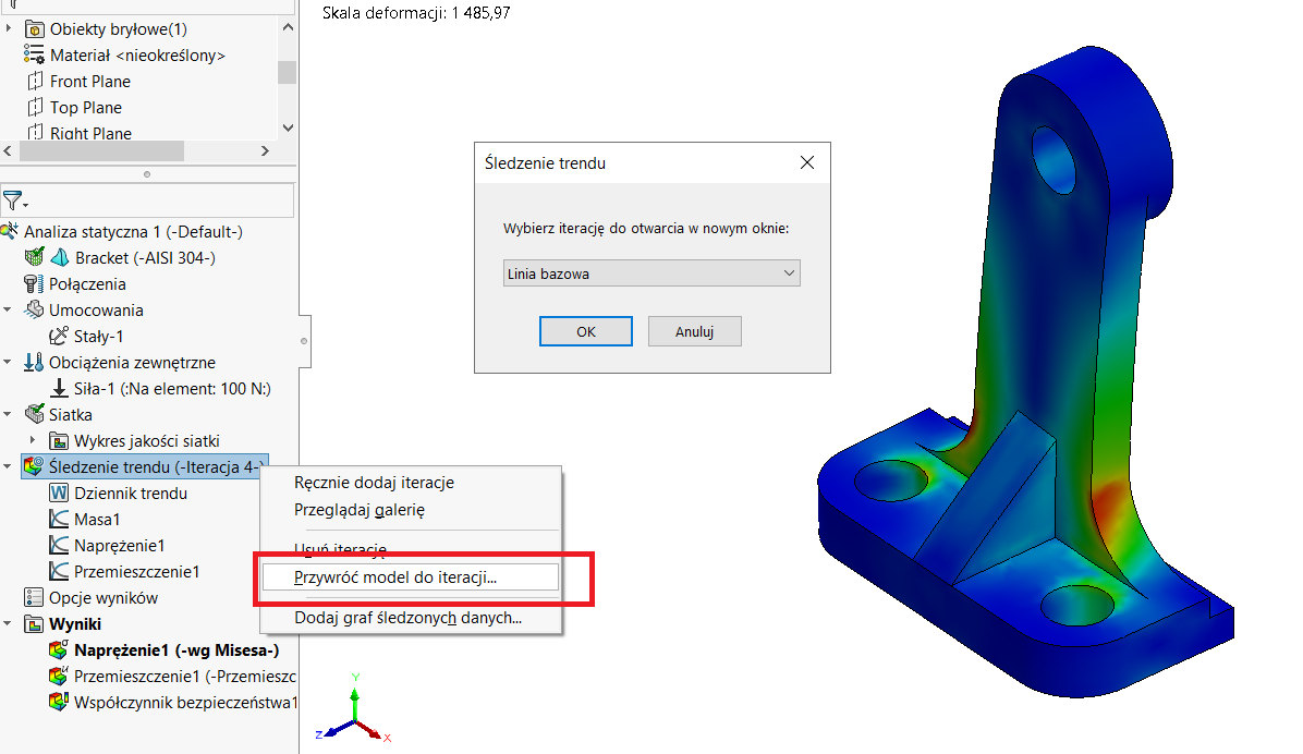 SOLIDWORKS Simulation - parametr śledzenie trendu