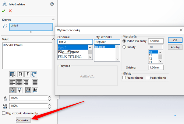 wstawianie tesktu do szkicu w solidworks