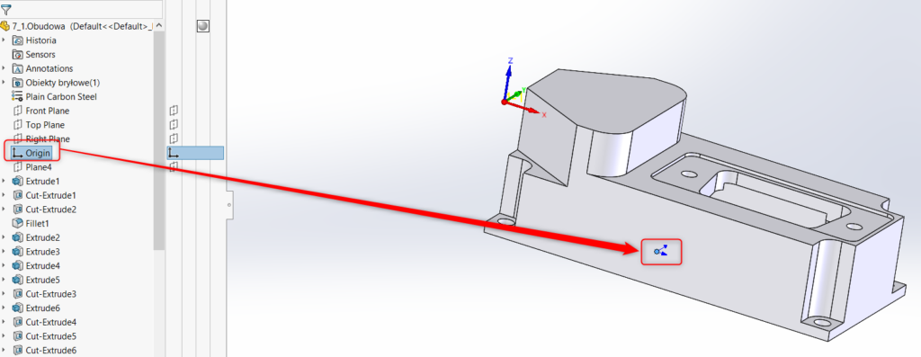 Początek układu współrzędnych SOLIDWORKS