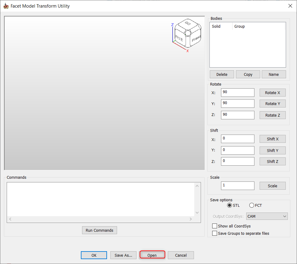 Okno edytora modeli przygotówki STL