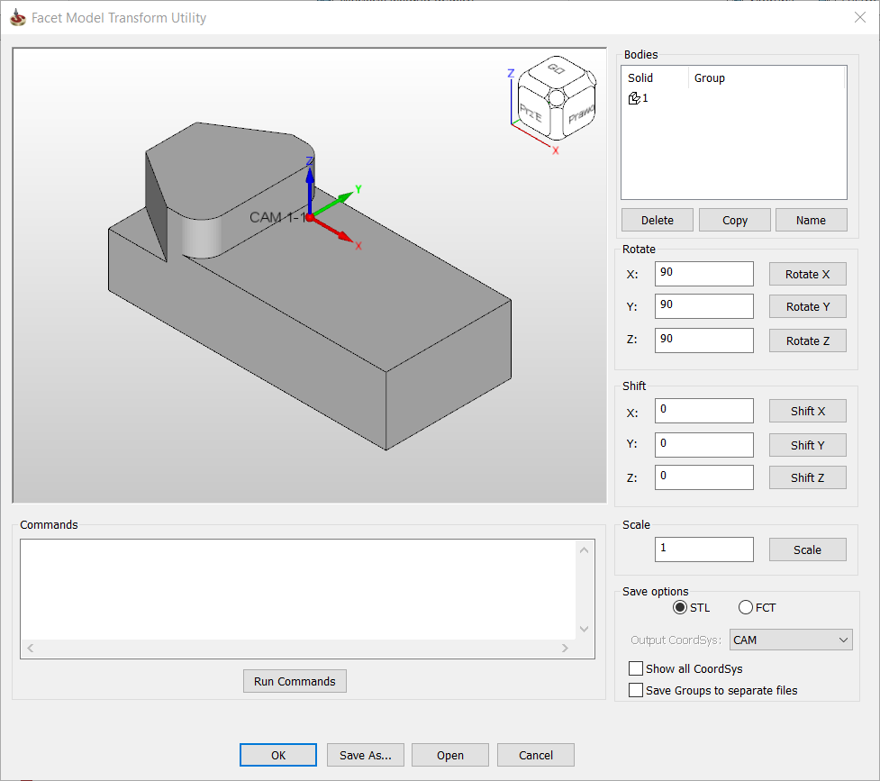 Okno edytora modeli przygotówki STL po wskazaniu pliku STL