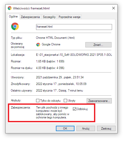 Instalacja SOLIDWORKS - odblokowywanie pliku w zaporze WINDOWS