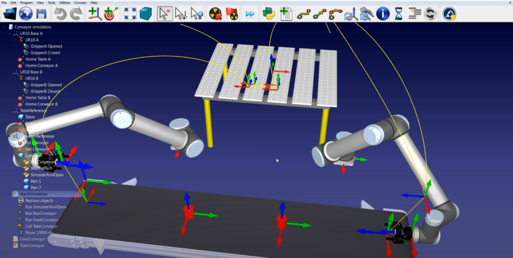 RoboDK - proces powstania symulacji miedzy dwoma robotami oraz przenosnikiem tasmowym