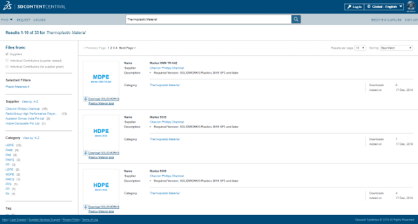 SOLIDWORKS PLASTICS 3DCONTENTCENTRAL - katalog materiałów