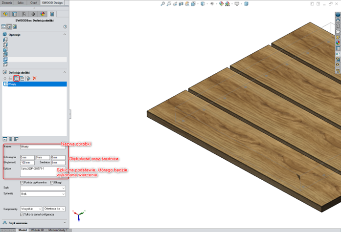 SWOOD - fazowanie i pogłębienie walcowe otworów w SWOODbox - definicja głębokości