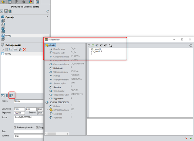 SWOOD - fazowanie i pogłębienie walcowe otworów w SWOODBox - faza