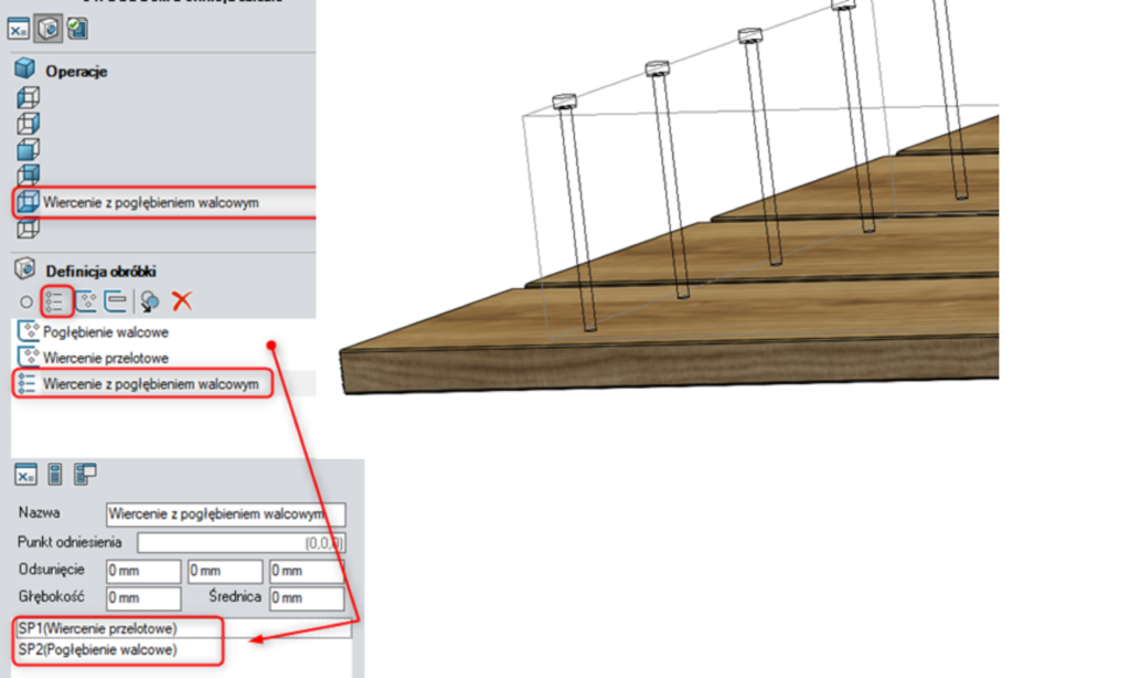 SWOOD - fazowanie i pogłębienie walcowe otworów w SWOODBox - przypisanie stworzonej obróbki do odpowiedniej ściany