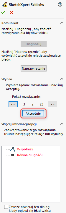 SOLIDWORKS Sketch Xpert - akceptacja zmian