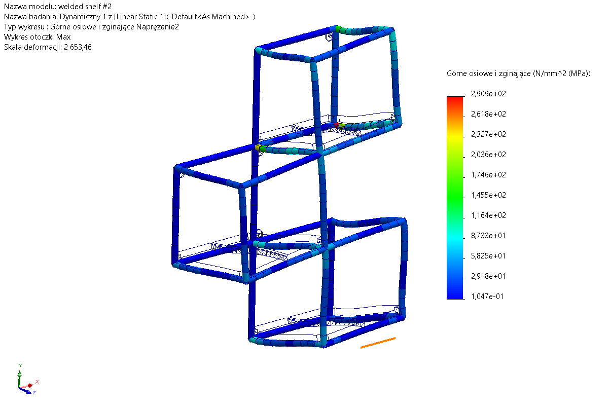 SOLIDWORKS Simulation - wartości naprężeń badania dynamicznego wykraczają poza granicę plastyczności uzytej stali