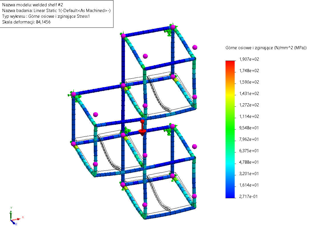 SOLIDWORKS Simulation - wartości naprężęń w konstrukcji spawanej