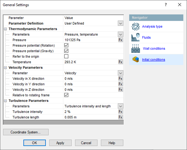 SOLIDWORKS Flow Simulation - podstawowe warunki inicjalizujące