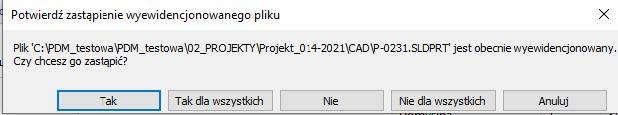 SOLIDWORKS PDM - komunikat o zamianie pliku na dysku