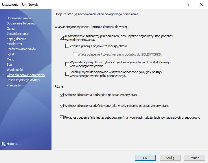 SOLIDWORKS PDM - okno dialogowe odniesienia