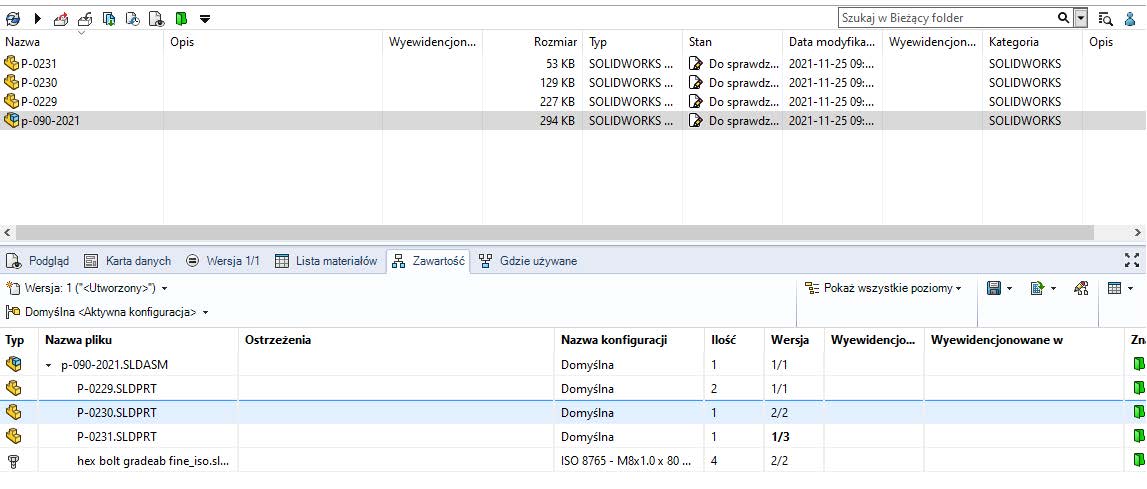 SOLIDWORKS PDM - złożenia zawierające kilka części