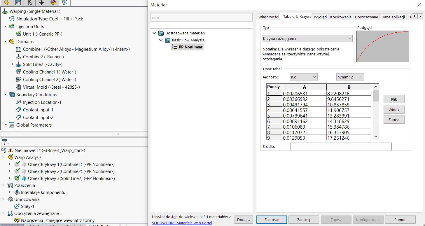 Definicja nieliniowego materiału (krzywa rozciągania)